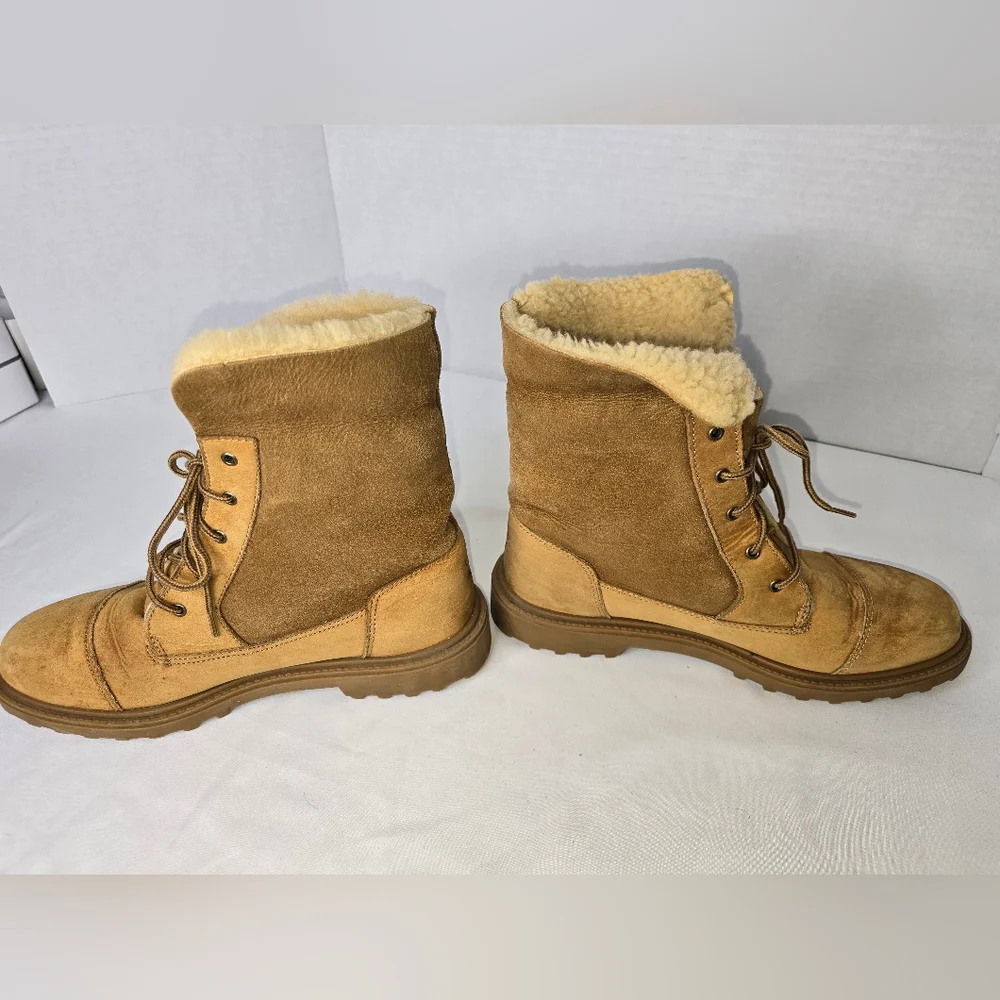 UGG Australia Abbey Shearling Boots Womens 9.5 Tan Lace Up Combat Style